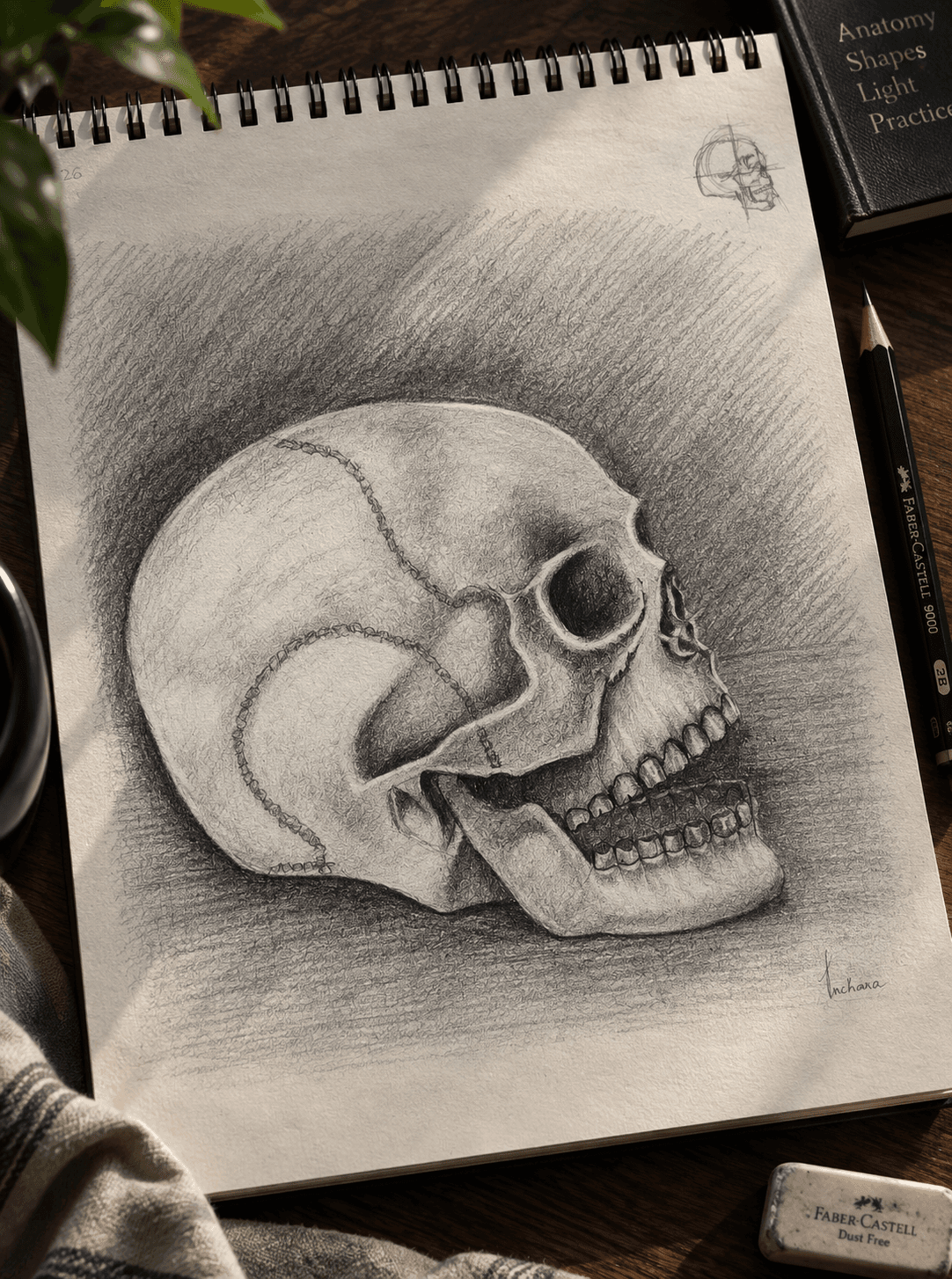 A dramatic charcoal study of a skull, bone and shadow in high contrast