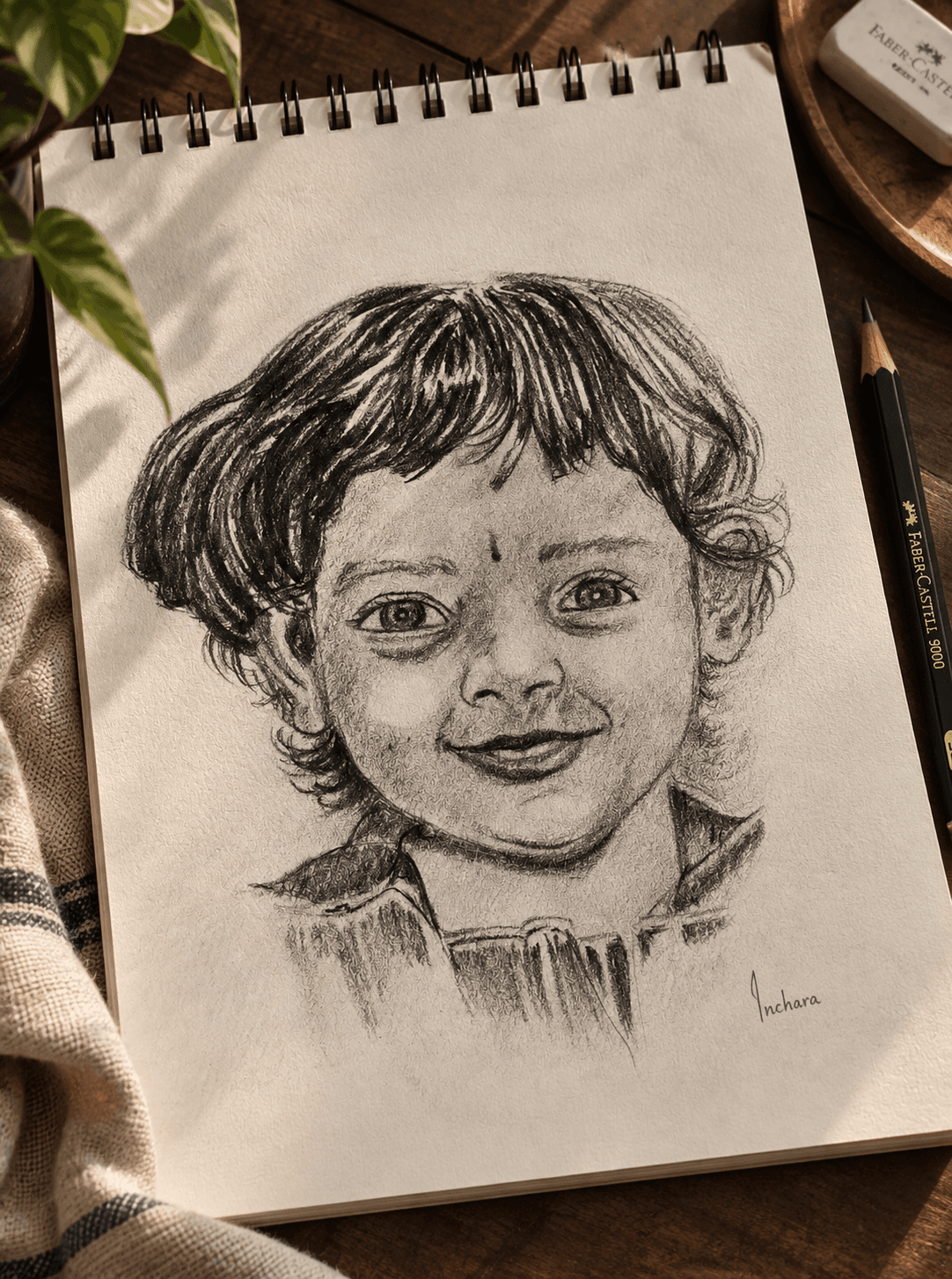 A graphite portrait of a smiling baby girl, cheeks round and eyes bright