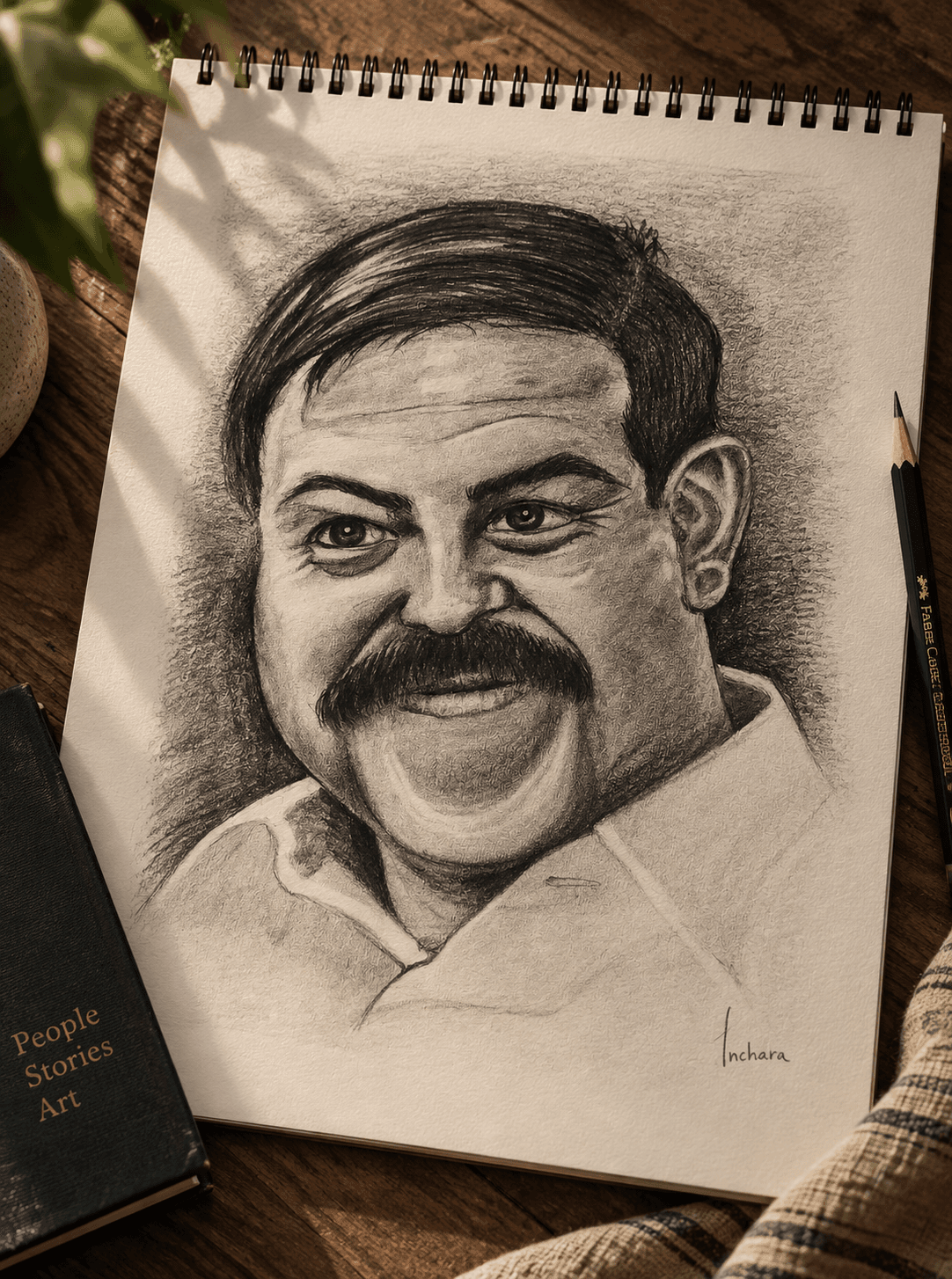 A graphite portrait of a man caught mid-laughter, eyes crinkled