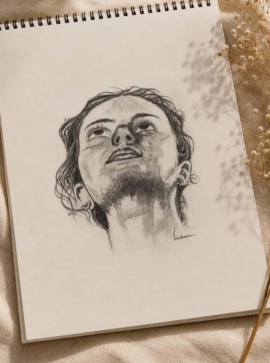 A charcoal portrait of a young woman thinking, head held high