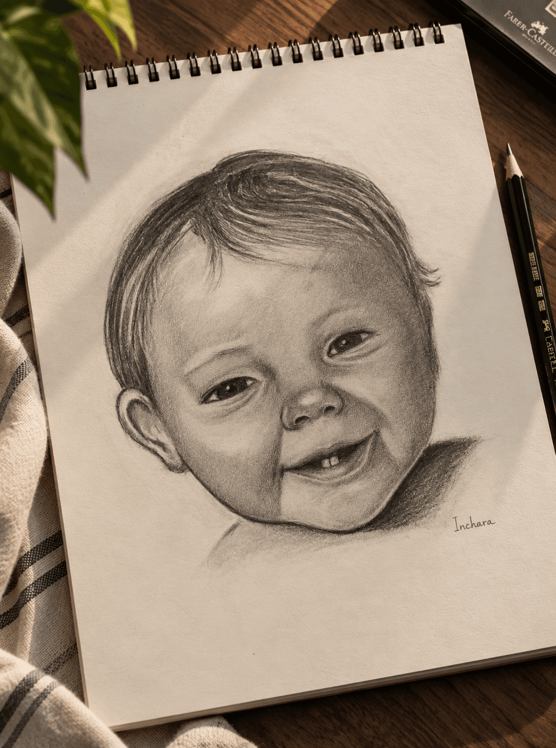 A charcoal portrait of a laughing toddler, head tilted back in delight