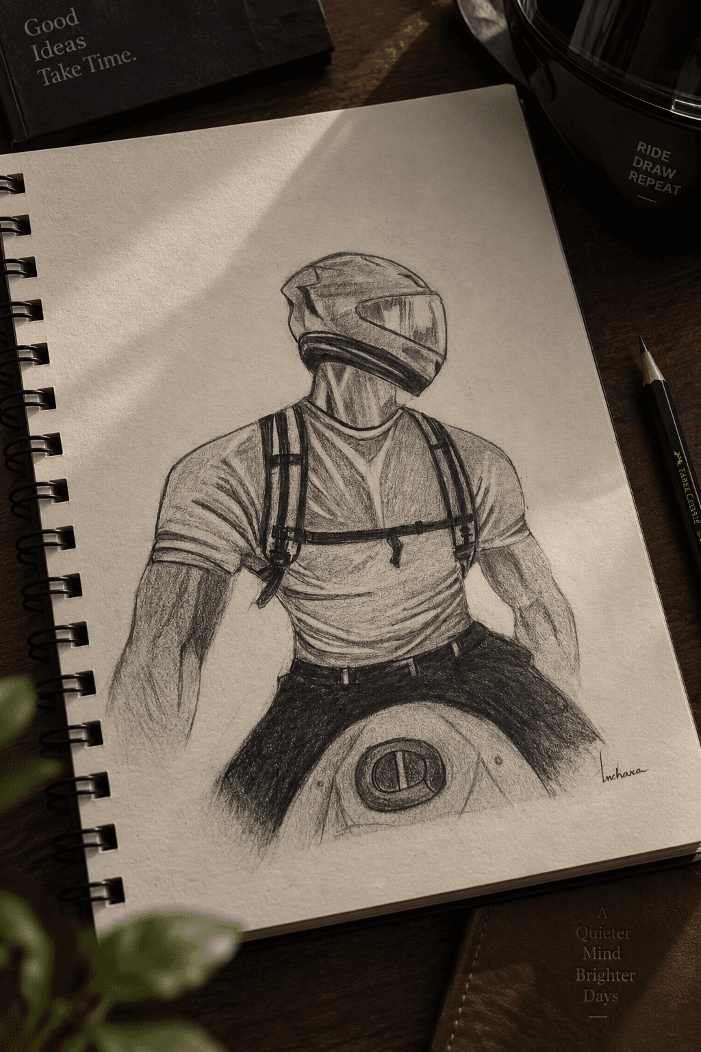 A graphite portrait of a man at ease beside his motorcycle