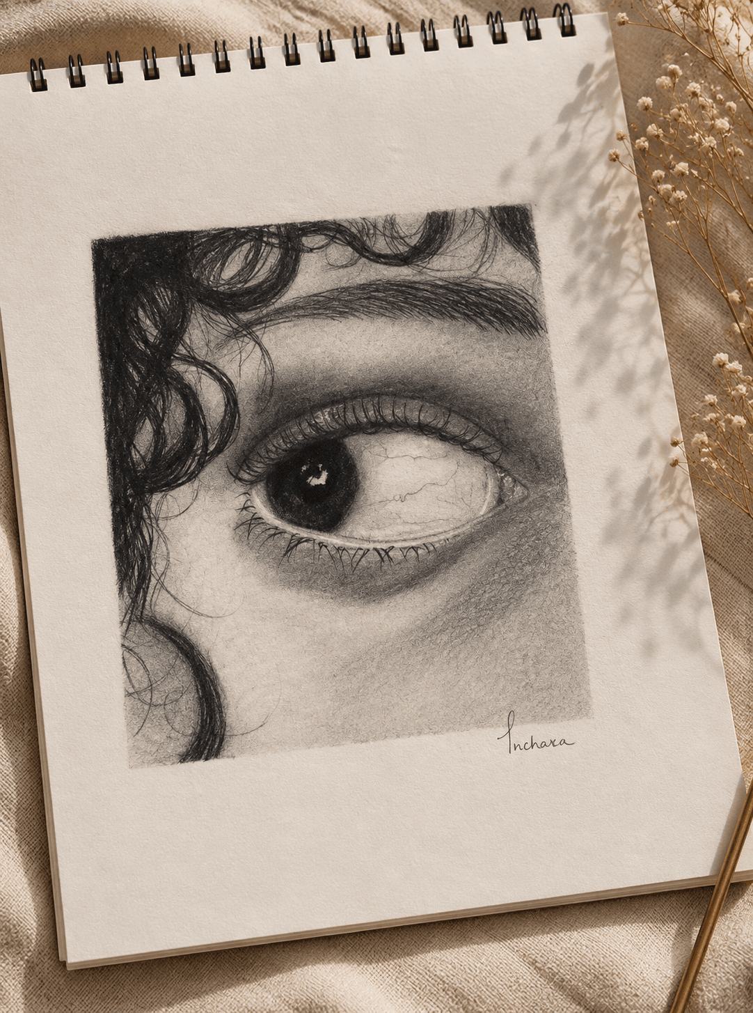 A charcoal portrait of a young woman with expressive eyes and curly hair