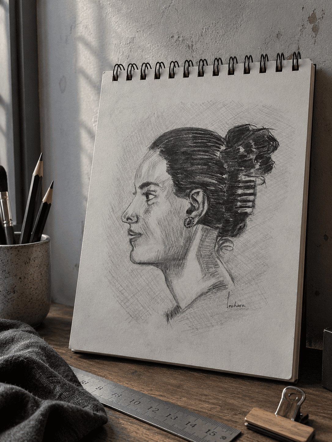 A graphite portrait of a girl with a bow in her hair, smiling softly